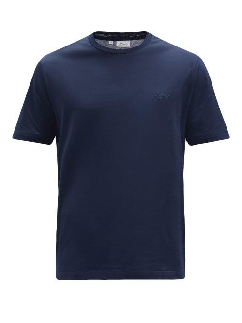 Matchesfashion.com Brioni - Logo-embroidered Cotton-jersey T-shirt - Mens - Navy