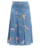 Matchesfashion.com Altuzarra - Caroline Bird Print Silk Knee Length Skirt - Womens - Blue Print