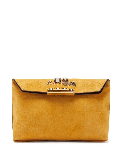 Matchesfashion.com Alexander Mcqueen - Knuckle Crystal-embellished Suede Clutch Bag - Womens - Beige