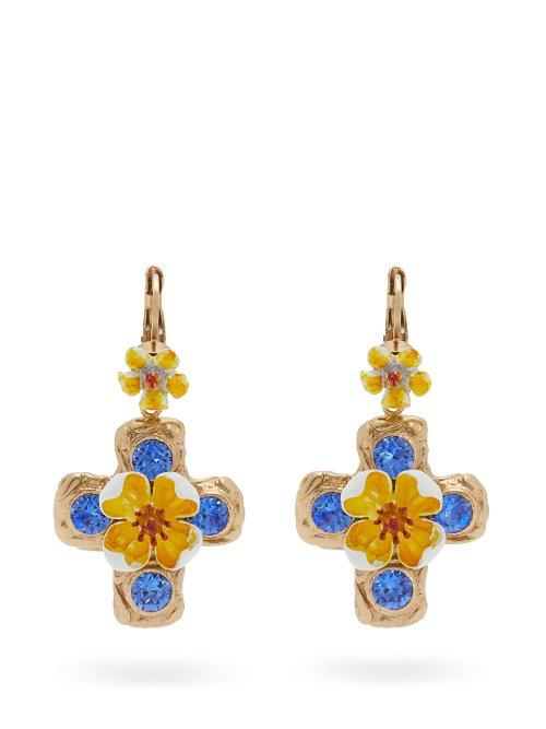Matchesfashion.com Dolce & Gabbana - Flower And Crystal Embellished Cross Earrings - Womens - Yellow