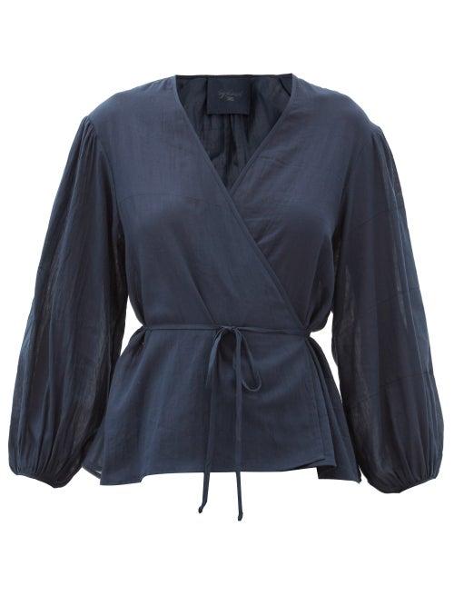 Matchesfashion.com Loup Charmant - Eloise Balloon-sleeve Organic-cotton Wrap Blouse - Womens - Navy