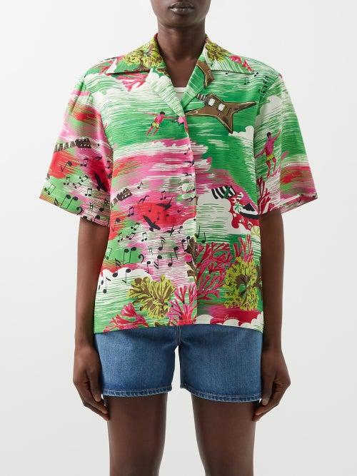 Gucci - Ocean-print Poplin Bowling Shirt - Womens - Green Multi