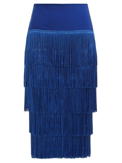 Matchesfashion.com Norma Kamali - Tiered Fringe Stretch Jersey Pencil Skirt - Womens - Blue