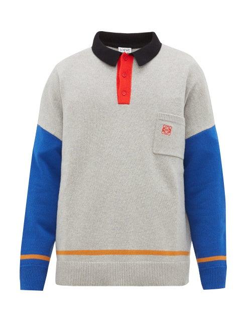 Matchesfashion.com Loewe - Oversized Colour Block Knitted Polo Shirt - Mens - Grey Multi