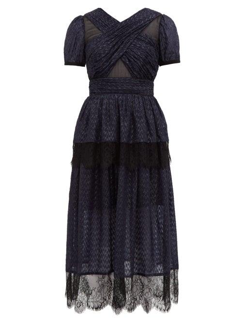 Matchesfashion.com Self-portrait - Lace Trimmed Tiered Metallic Fil Coup Dress - Womens - Black Navy