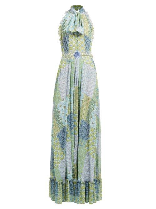 Matchesfashion.com Luisa Beccaria - Floral And Tile Print Tie Neck Gown - Womens - Green Multi