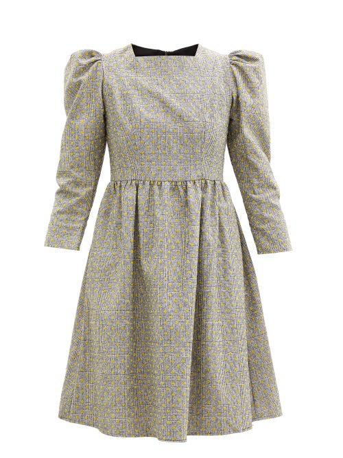 Matchesfashion.com Batsheva - Puffed-sleeve Flocked Check Wool Mini Dress - Womens - Grey
