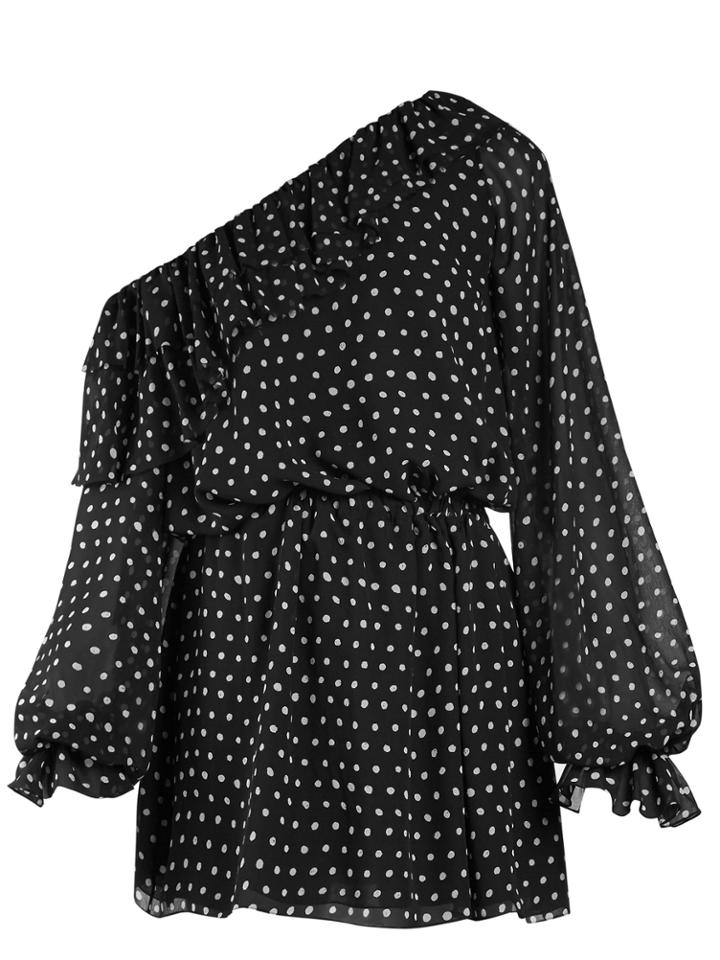 Saint Laurent Polka-dot Print One-shoulder Georgette Dress