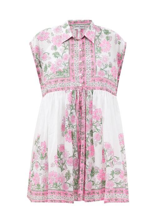 Matchesfashion.com Juliet Dunn - Cap-sleeve Floral-print Cotton Mini Shirt Dress - Womens - Pink White