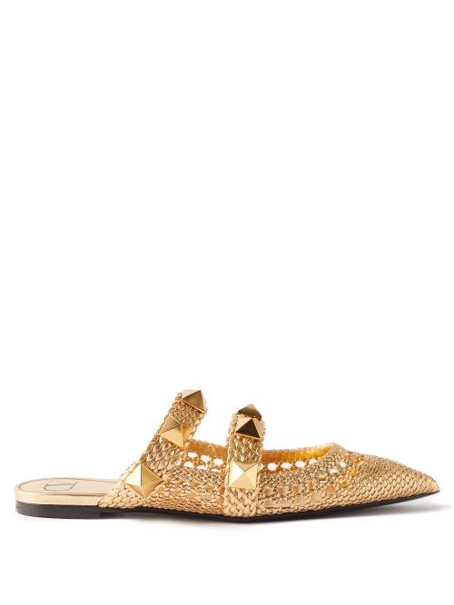 Valentino Garavani - Roman Stud Woven-leather Backless Loafers - Womens - Gold
