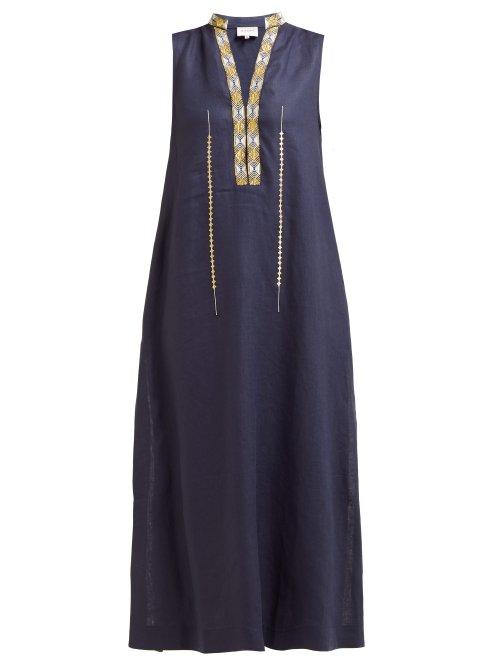 Matchesfashion.com Zeus + Dione - Persephone Embroidered Linen Midi Dress - Womens - Navy