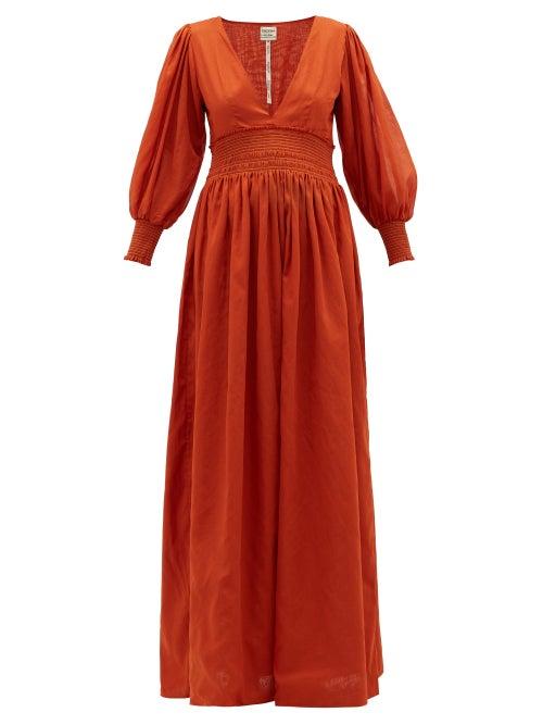 Matchesfashion.com Escvdo - Ponte V-neck Shirred Cotton Maxi Dress - Womens - Red