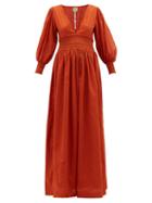 Matchesfashion.com Escvdo - Ponte V-neck Shirred Cotton Maxi Dress - Womens - Red