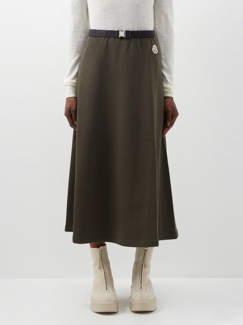 Moncler - Belted Cotton-blend Midi Skirt - Womens - Khaki
