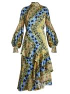 Matchesfashion.com Peter Pilotto - High Neck Floral Print Silk Dress - Womens - Green Blue Print