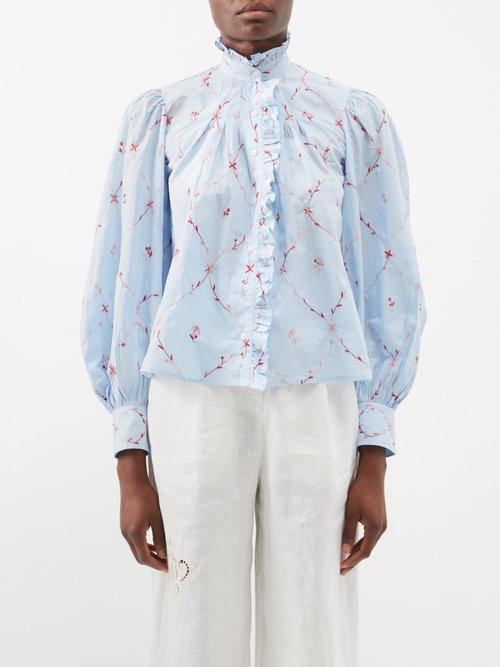 Thierry Colson - Yana High-neck Embroidered-cotton Blouse - Womens - Coral