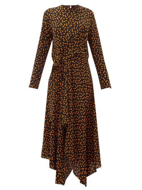 Matchesfashion.com Petar Petrov - Dovery Polka Dot Print Asymmetric Silk Dress - Womens - Black Orange