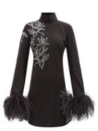 16arlington - Umiko Crystal-embellished Feather-trim Mini Dress - Womens - Black