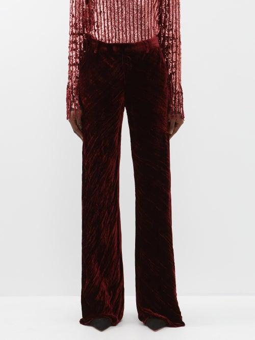 Etro - Artemisia Crushed-velvet Flared Trousers - Womens - Bordeaux