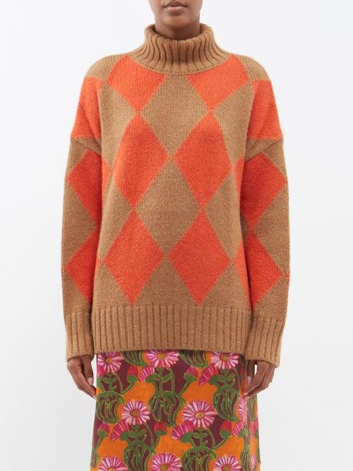 La Doublej - Oversized Argyle Roll-neck Sweater - Womens - Orange Multi