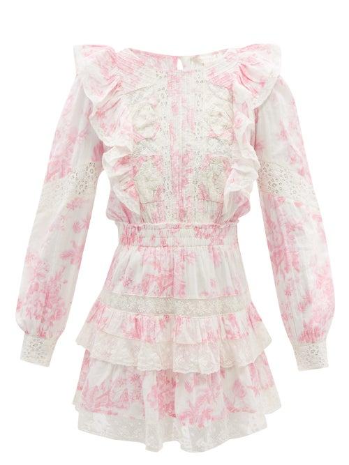 Loveshackfancy - Santorini Ruffled Floral-print Cotton Mini Dress - Womens - Pink Print