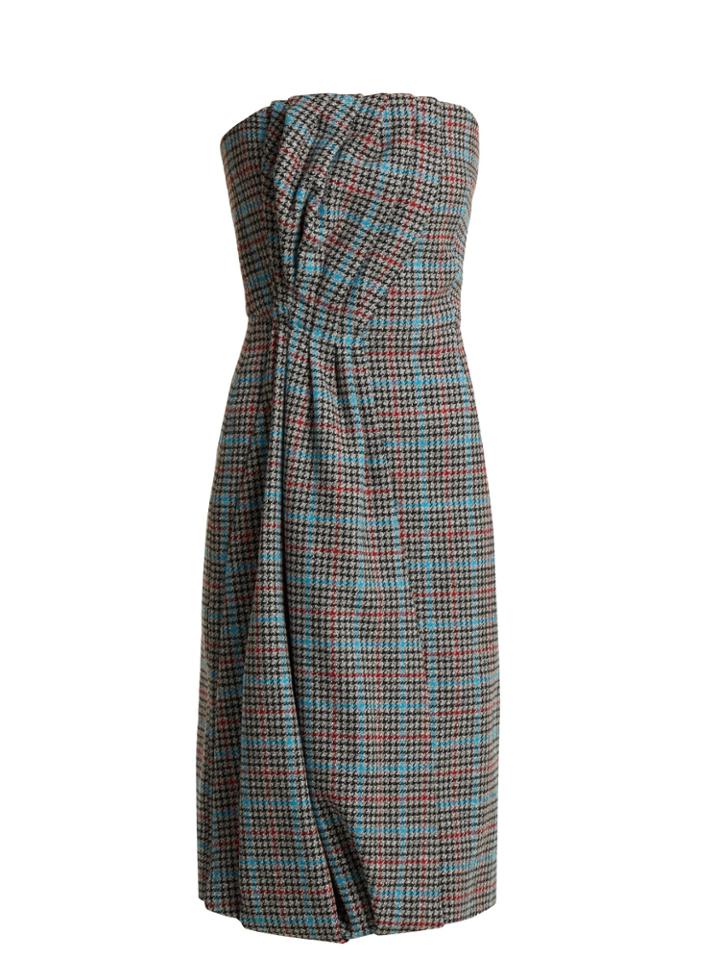 Prada Strapless Houndstooth Wool-blend Dress