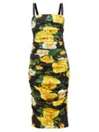 Dolce & Gabbana - Ruched Floral-print Satin Midi Dress - Womens - Black Yellow