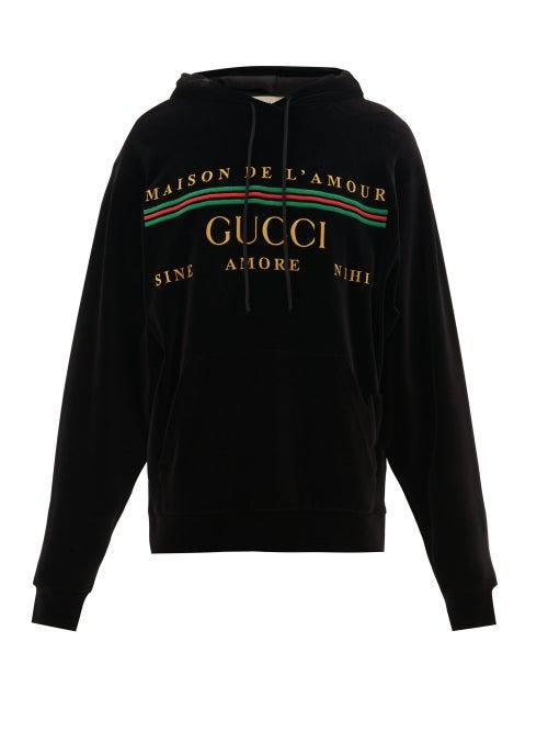 Matchesfashion.com Gucci - Logo Embroidered Velour Hooded Sweatshirt - Mens - Black