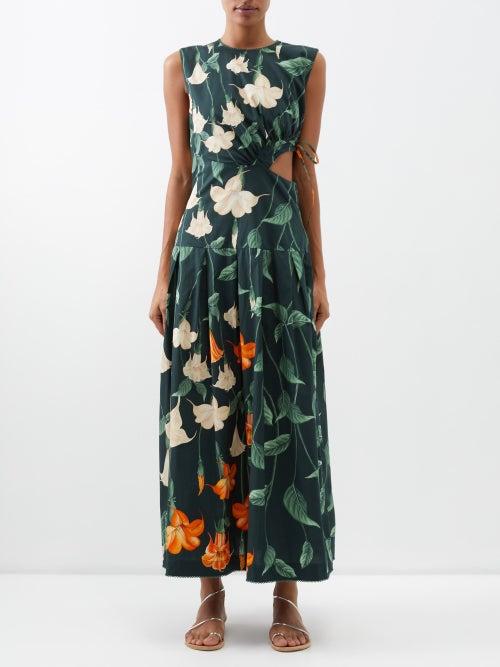 Agua By Agua Bendita - Otono Floral-print Cutout Cotton-poplin Dress - Womens - Green Print