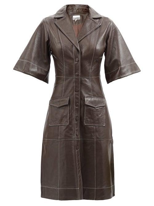 Ganni - Notch-lapel Leather Shirt Dress - Womens - Brown