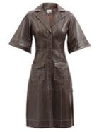 Ganni - Notch-lapel Leather Shirt Dress - Womens - Brown