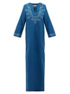 Matchesfashion.com Muzungu Sisters - Lotus Floral-embroidered Linen Kaftan - Womens - Blue Multi