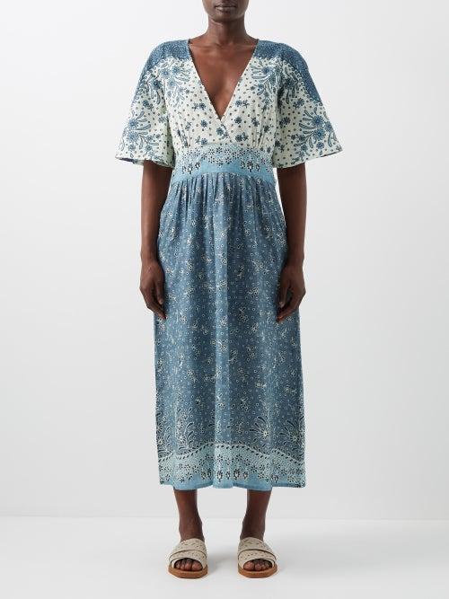 D'ascoli - Sumba Floral-print Cotton-khadi Dress - Womens - Blue Print