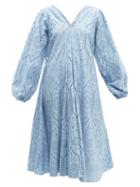 Matchesfashion.com Ganni - Balloon Sleeved Broderie Anglaise Cotton Dress - Womens - Light Blue