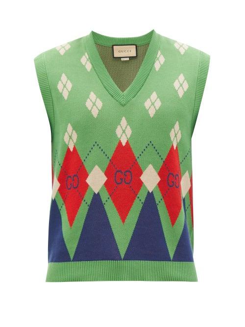 Mens Rtw Gucci - Gg-argyle Cotton Sleeveless Sweater - Mens - Green