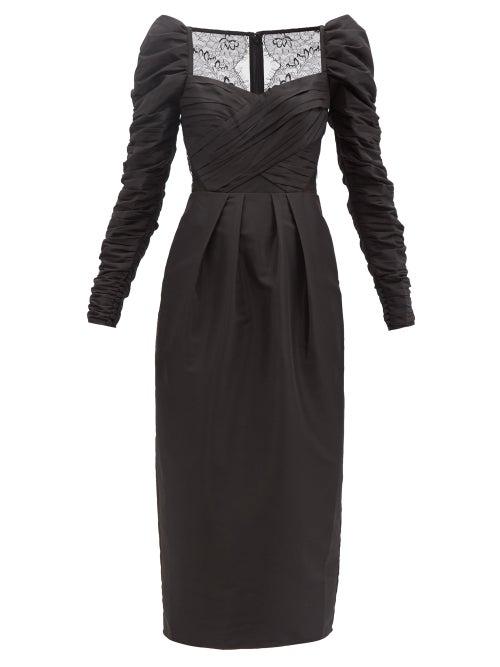 Self-portrait - Lace-back Ruched Taffeta Midi Dress - Womens - Black