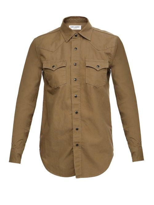 Ladies Rtw Saint Laurent - Western-yoke Ripstop Shirt - Womens - Khaki