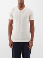 120 Lino 120% Lino - V-neck Linen T-shirt - Mens - Natural