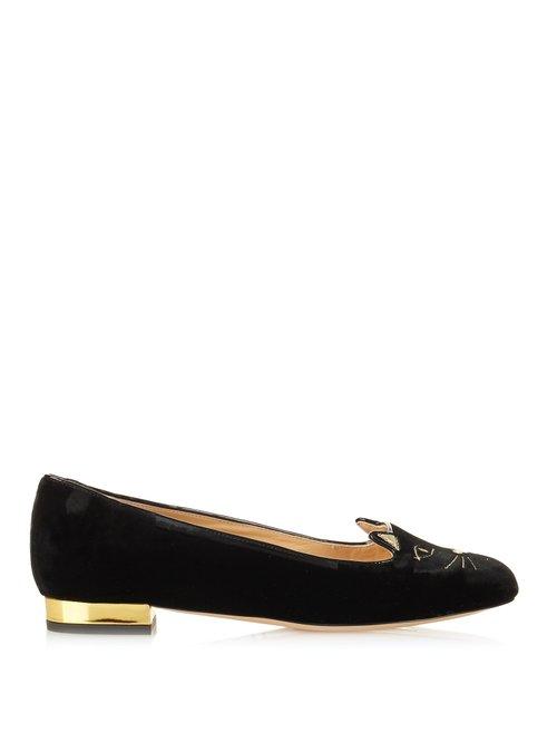 Matchesfashion.com Charlotte Olympia - Kitty Cat Face Embroidered Velvet Flats - Womens - Black