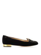 Matchesfashion.com Charlotte Olympia - Kitty Cat Face Embroidered Velvet Flats - Womens - Black
