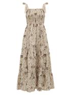 Matchesfashion.com Sir - Stella Shirred Floral Print Linen Dress - Womens - Beige