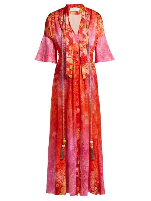 Matchesfashion.com Peter Pilotto - Tassel Trimmed Floral Print Stretch Silk Dress - Womens - Red Multi