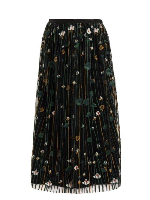 Matchesfashion.com Redvalentino - Floral Embroidered Pleated Tulle Skirt - Womens - Black Multi