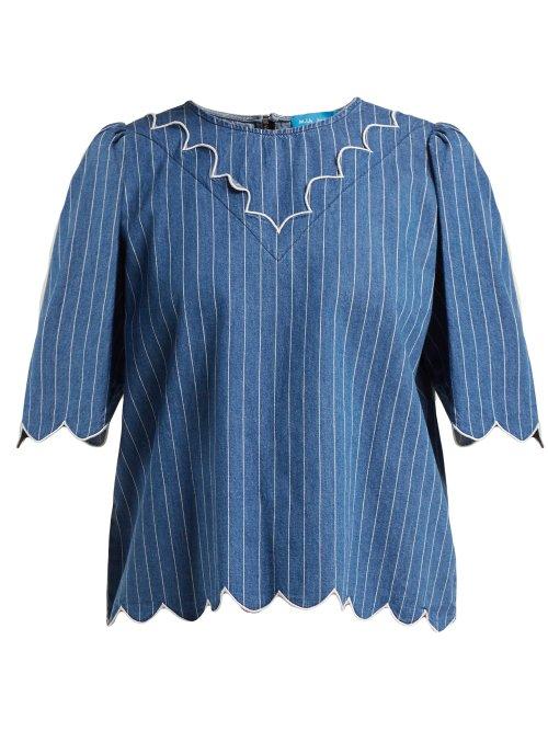 Matchesfashion.com M.i.h Jeans - Cowan Scalloped Cotton Chambray Blouse - Womens - Blue Stripe