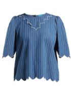 Matchesfashion.com M.i.h Jeans - Cowan Scalloped Cotton Chambray Blouse - Womens - Blue Stripe