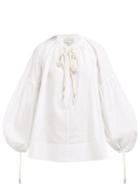 Matchesfashion.com Lee Mathews - Elsie Balloon Sleeve Cotton Blend Blouse - Womens - White