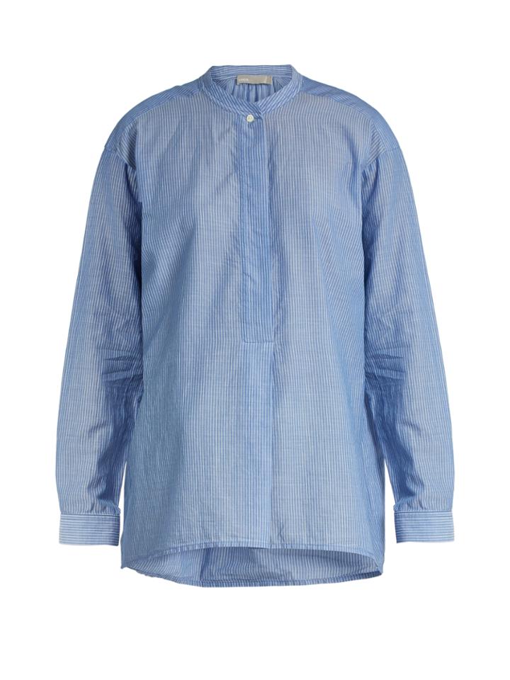 Vince Stand-collar Pinstriped Cotton-oxford Shirt