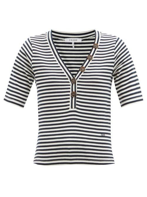 Frame - Buttoned Striped Organic-cotton Jersey T-shirt - Womens - Blue White