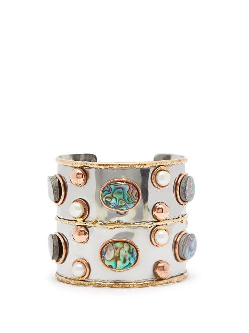 Matchesfashion.com Sylvia Toledano - Sea Opal And Pearl Hammered Cuff - Womens - Blue