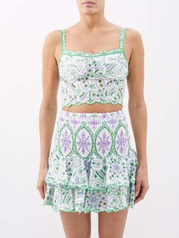 Charo Ruiz - Tessa Embroidered Cotton-blend Cropped Top - Womens - Green Multi